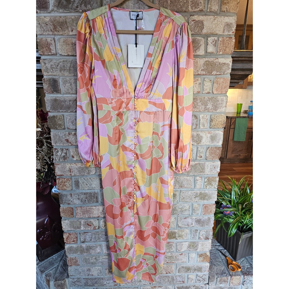 RNWY Sage Mindy Rapture‎ Dress Multi Floral Print V Neck Button Front Medium new